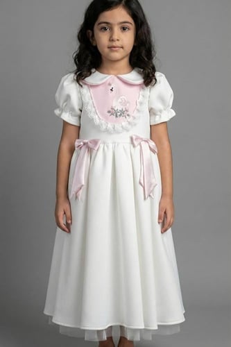 فستان سهرة بناتي أناقة كلاسيكية باللون الأبيض والو...