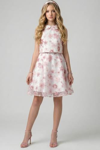 طقم سهرة بناتي مورد فاخر قطعتين باللون الأبيض والو...