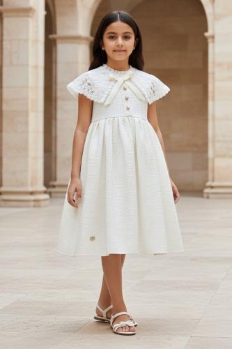 فستان بناتي ابيض ناعم ياقة مزخرفة 7290