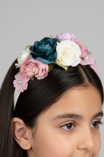 طوق شعر بناتي مزين بالورود الملونة والكريستالات T-...