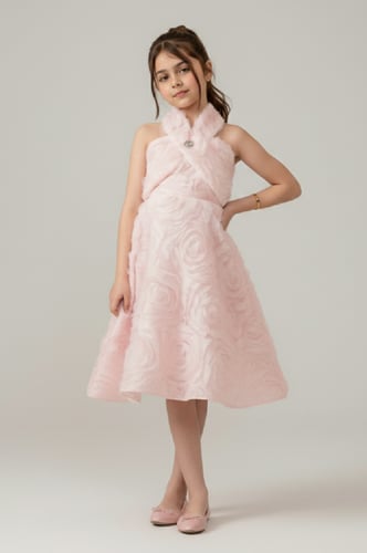 فستان سهرة بناتي وردي بنقشة الروز البارزة S01197-P