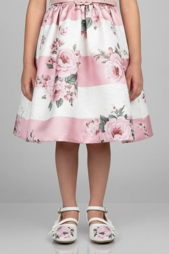 حذاء بناتي أبيض مزين بورود وردية وربطة جانبية S-00...