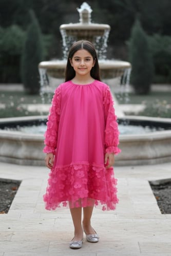 فستان بناتي وردي طويل بتصميم زهري 7190