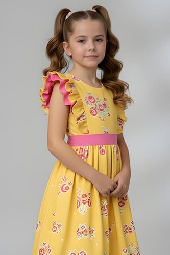 فستان بناتي اصفر مورد اكمام مكرنشة 7302