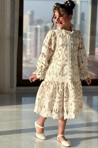 فستان بناتي دانتيل فاخر بأكمام طويلة7307