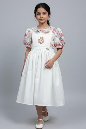 فستان بناتي أبيض مطرز بنقشة ورد وأكمام منفوشة مع ف...