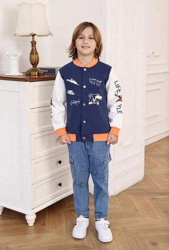 جاكيت ولادي كحلي باكتاف بيضاء 3049