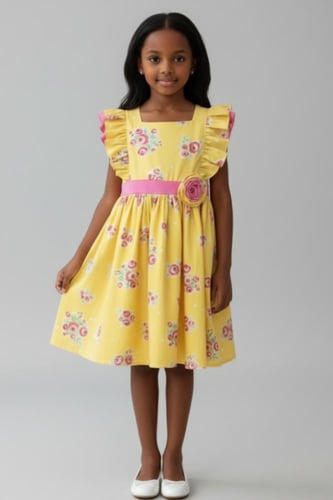 فستان بناتي اصفر مورد اكمام مكرنشة 7302