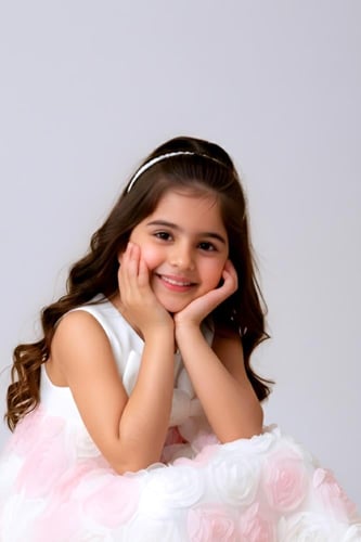 فستان بناتي أبيض مزين بورود بارزة 7180