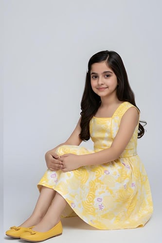 فستان بناتي مشجر اصفر كت 7297