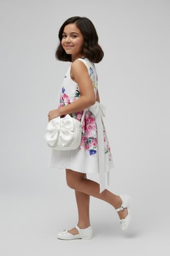 حذاء بناتي أبيض لامع بزهرة فاخرة S026