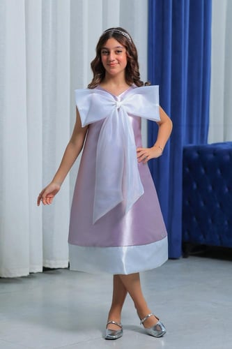 فستان بناتي بنفسجي فيونكة على الصدر S01087