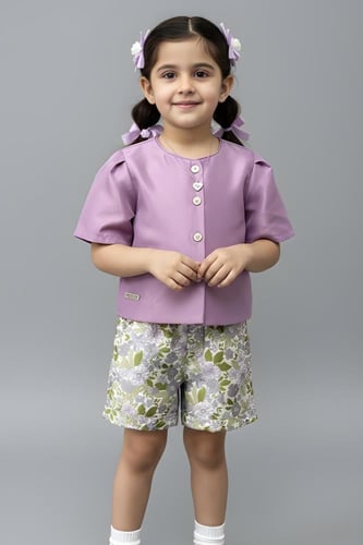 بلوزة أطفال بناتي بلون بنفسجي ناعم بأزرار أمامية 7...