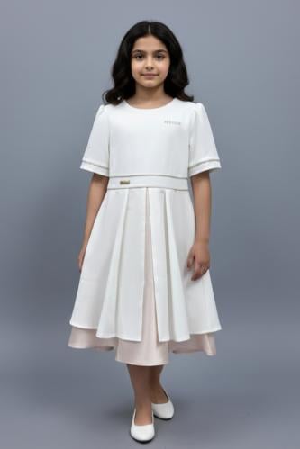 فستان أبيض أنيق بطبقتين بتصميم كلاسيكي راق7334