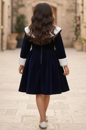 فستان بناتي كحلي كم طويل بتصميم كلاسيكي مع ياقة بي...