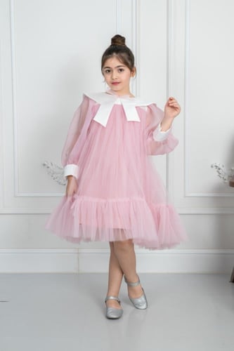 فستان سهرة بناتي وردي باكمام s01118