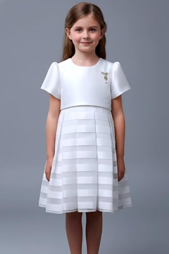 فستان بناتي ابيض بخطوط عرضية 7304