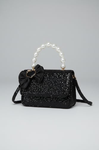 حقيبة بناتي سوداء أنيقة بفيونكة ولؤلؤ فاخر B015