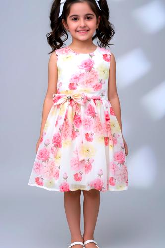 فستان بناتي وردي بفيونكة كاجوال شيك 7274