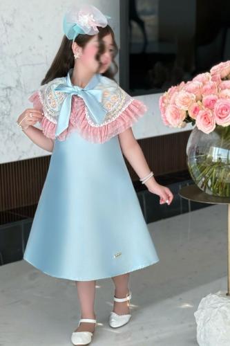 فستان بناتي ازرق عنق فيونكه 7291