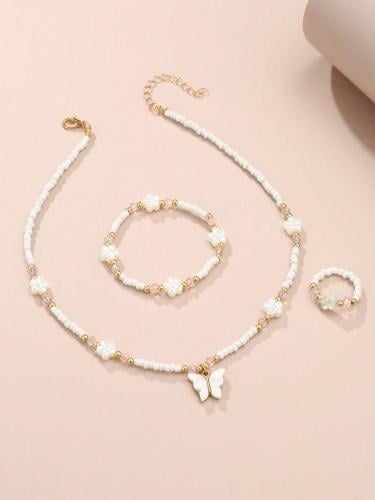 مجموعة 3 قطع عقد وسوار وخاتم للبنات منها بالزهور ا...