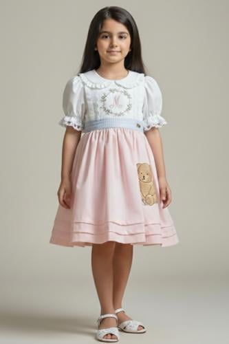 فستان بناتي أنيق باللونين الوردي والأبيض بتطريز دب...