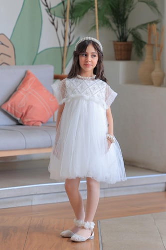 فستان بناتي سهرات أبيض تول بكشكشة دانتيل ناعمة S01...