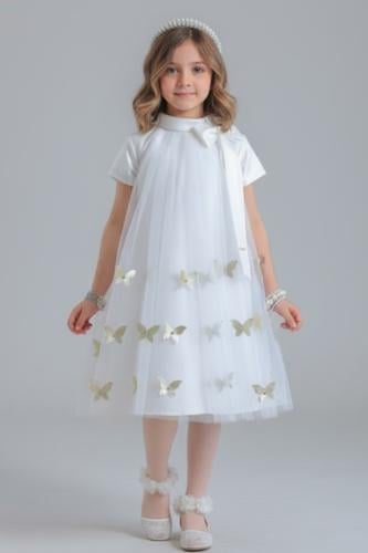 فستان بناتي سهرات أبيض بفراشات ذهبية S01150