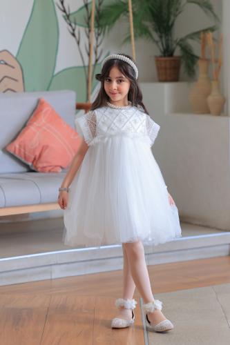 فستان بناتي سهرات أبيض تول بكشكشة دانتيل ناعمة S01...