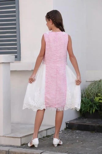 فستان بناتي وردي بأطراف بيضاء 7165