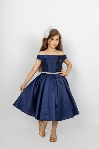 فستان كسرات كحلي بحزام S0817B/C