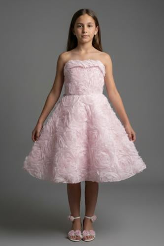 فستان تب سهرة بناتي وردي مزين بورود بارزة - S01238