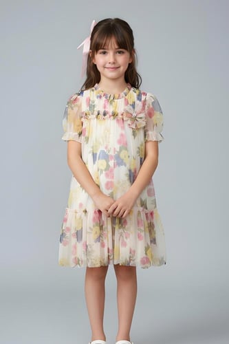 فستان بناتي مشجر نص كم 7300