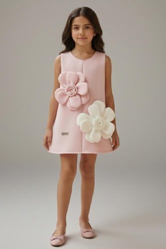 فستان سهرة بناتي باللون الوردي والزهور البارزة S01...