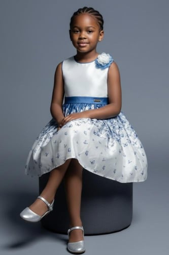 فستان بناتي أبيض وأزرق مطبوع بالفراشات 7318