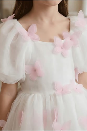 فستان بناتي سهرات أبيض منفوش بفراشات وردية s01269