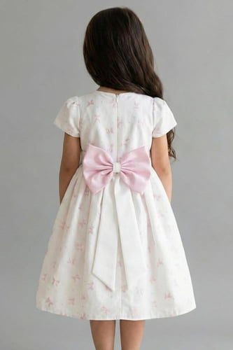 فستان سهرة بناتي أبيض ناعم بحزام وردي S01271