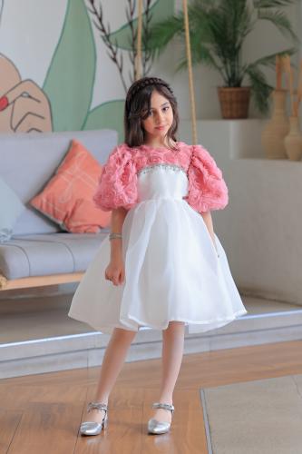 فستان بناتي سهرات أبيض مع وردي بتطريز فاخر S01154