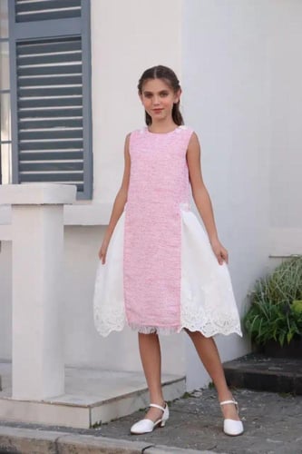 فستان بناتي وردي بأطراف بيضاء 7165