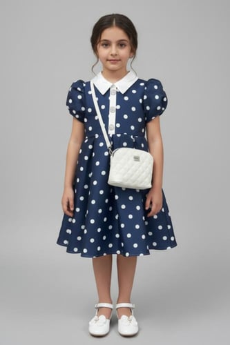 فستان بناتي كحلي منقط ابيض 7191