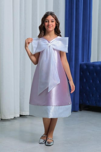 فستان بناتي بنفسجي فيونكة على الصدر S01087