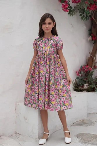 فستان زهري بطباعة ورود للبنات 7015