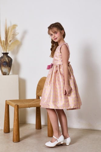 فستان وردي بفيونكة بالخصر 7234