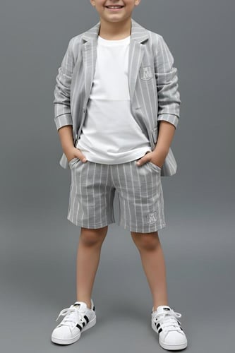 تيشيرت ولادي مع جاكيت مقلم رمادي 4173