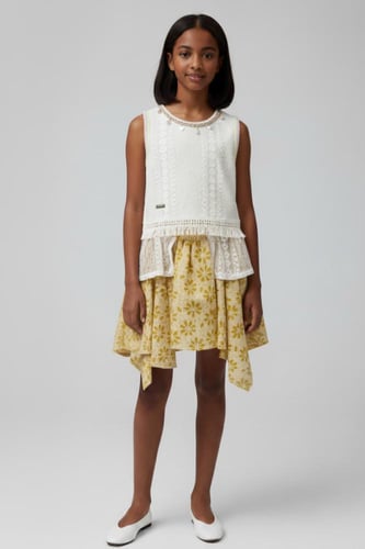 تنورة بناتي بلون اصفر خصر مطاط 7192-