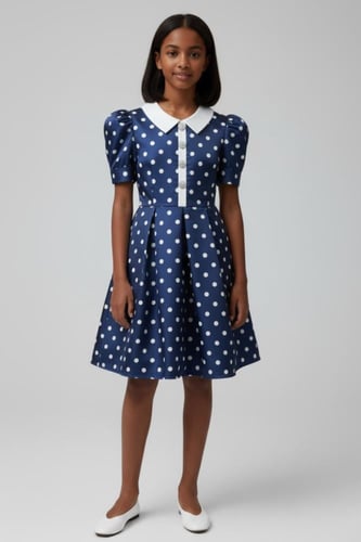 فستان بناتي كحلي منقط ابيض 7191