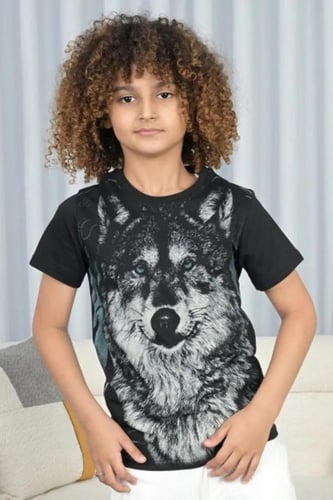 تي شيرت ولادي اسود رسمة ذئب 2978