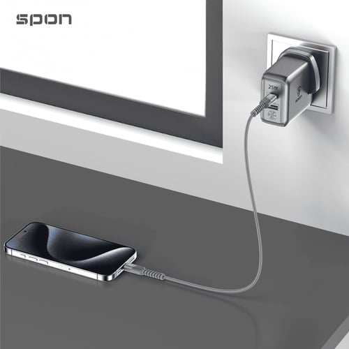 SPON شاحن جداري سريع 25 واط بمنفذي PD للشحن السريع