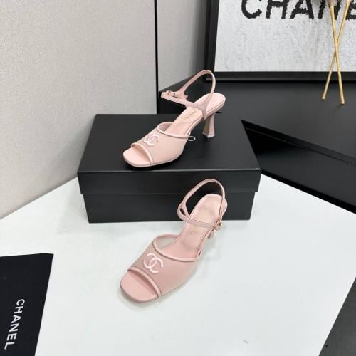 هيلز شانيل Chanel mesh embroidered peep-toe backless high-heeled sandals