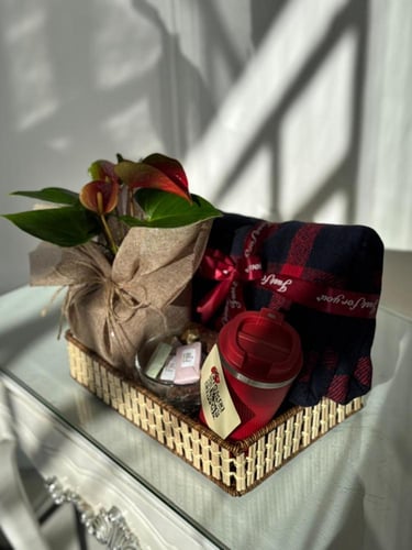 هدية شتوية: أنثريوم، وشاح ومق مع شوكولاتة